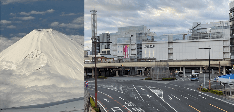 飛行機から撮った富士山(左)、JR水戸駅周辺の様子(右)
