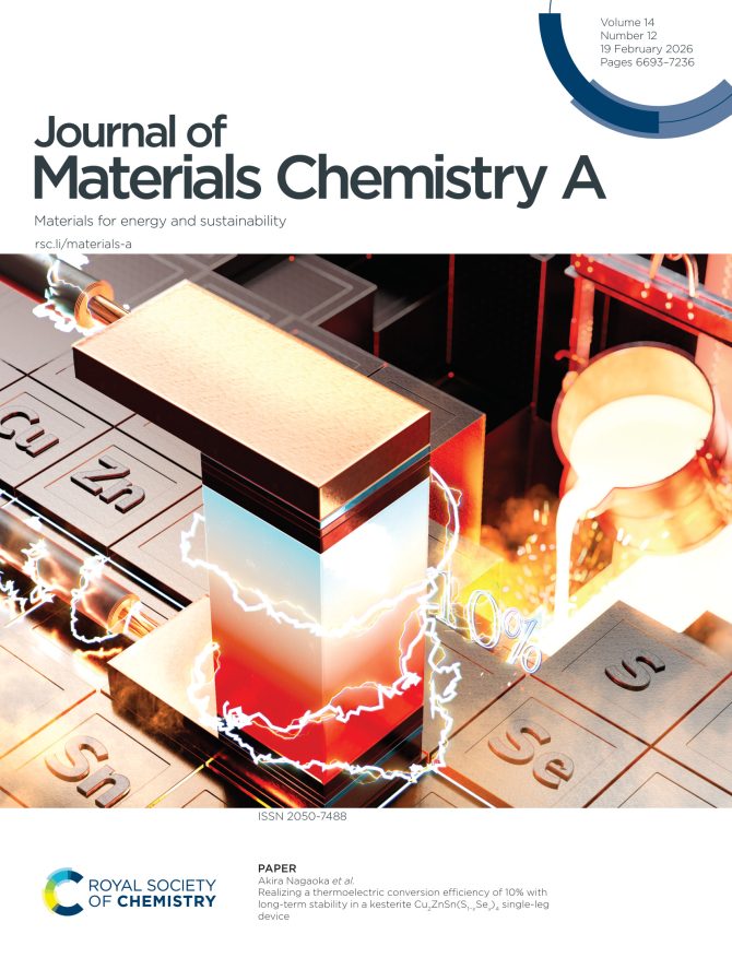 研究論文　シドニー大学とNIMSとの共同研究がJournal of Materials Chemistry AにFront Coverとして掲載されました。永岡は筆頭・責任著者です。p型Cu2ZnSn(S1−xSex)4 (CZTSSe)単結晶を開発し、多元系硫化物ベースの材料において、最高値である熱電性能指数ZT = 1.9を達成しました。熱電デバイスを開発し、温度差500 ºCで変換効率10.4%と1000時間以上の安定性を実現しました。希少元素を使用しない低コスト・高信頼性の熱電発電デバイスとして、排熱回収へ貢献が期待されます。
